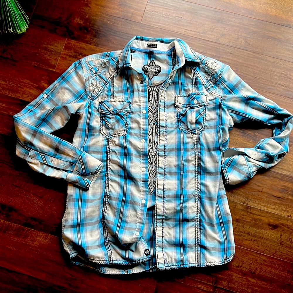 Roar black blue and black button down